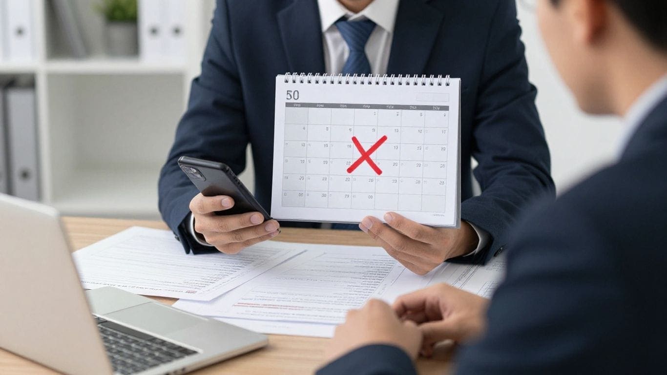 Real estate agent reviewing a calendar with a red cross, emphasizing the importance of CRM follow-up.