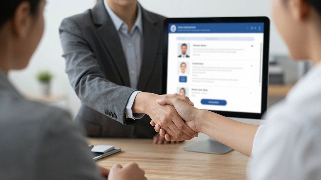 Real estate agent shaking hands with client, CRM on tablet in background.