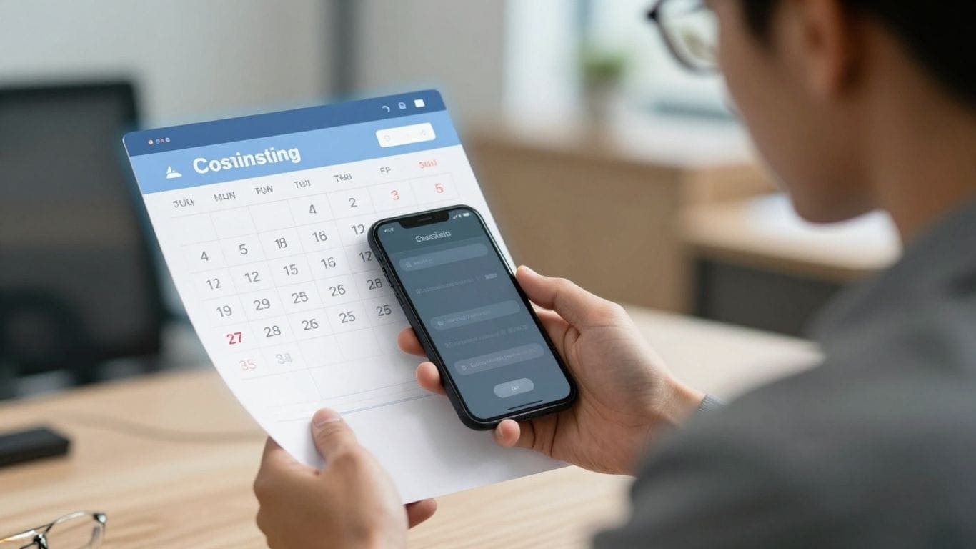 Real estate agent using CRM on smartphone and calendar for follow-up management.