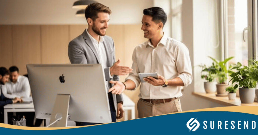 ALT: Two businessmen use SureSend CRM on tablet and desktop in office, discussing agent retention; SureSend logo bottom right. Caption: Business professionals use SureSend CRM for agent retention and productivity, with company logo displayed. Description: Two business professionals in an office collaborate using the SureSend CRM platform on a tablet and desktop computer. The visible SureSend logo underscores the focus on powerful CRM tools to drive agent retention and boost workplace efficiency, as featured in the Sure Send CRM Resource Center.
