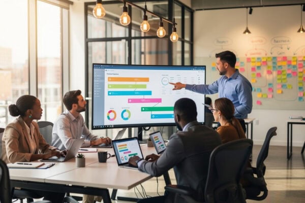 Business team analyzing CRM data on large screen in modern office.