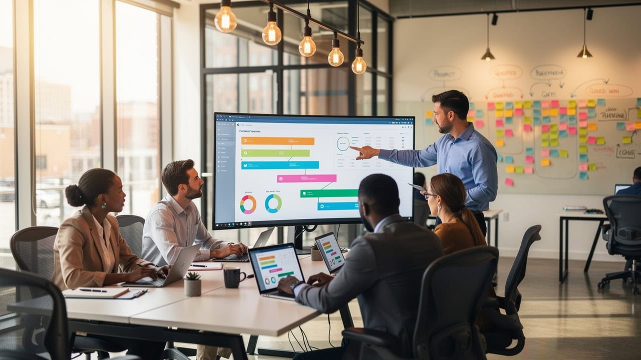 Business team analyzing CRM data on large screen in modern office.