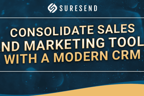 ALT: Suresend CRM Resource Center graphic showing logo and "Consolidate sales and marketing tools with CRM" on blue background. Caption: Suresend CRM Resource Center—Optimize sales and marketing by consolidating your tools with an all-in-one platform. Description: Boost productivity with the Suresend CRM Resource Center; image displays the Suresend logo and a message to consolidate sales and marketing tools, set on a blue background accented by yellow and white for clear branding.