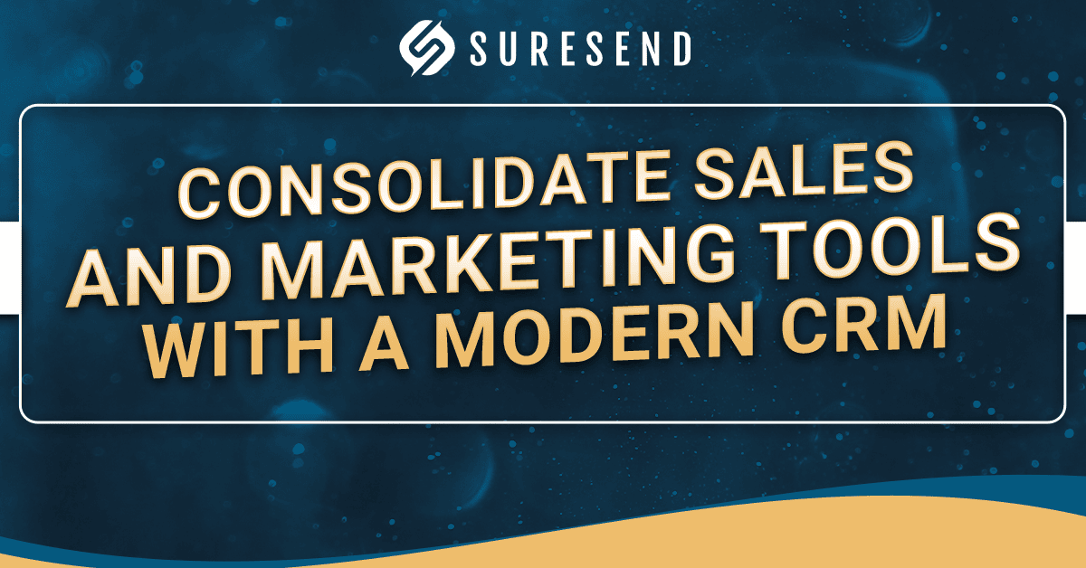 ALT: Suresend CRM Resource Center graphic showing logo and "Consolidate sales and marketing tools with CRM" on blue background. Caption: Suresend CRM Resource Center—Optimize sales and marketing by consolidating your tools with an all-in-one platform. Description: Boost productivity with the Suresend CRM Resource Center; image displays the Suresend logo and a message to consolidate sales and marketing tools, set on a blue background accented by yellow and white for clear branding.