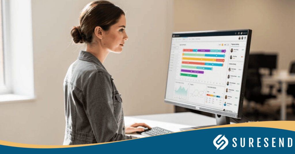 SureSend CRM Resource Center: Woman using CRM for agent retention at a modern office, colorful charts, Suresend branding visible.