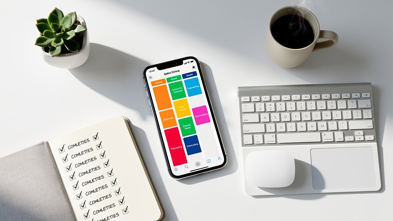 Digital CRM resource center with mobile app, keyboard, and coffee for sales team productivity.