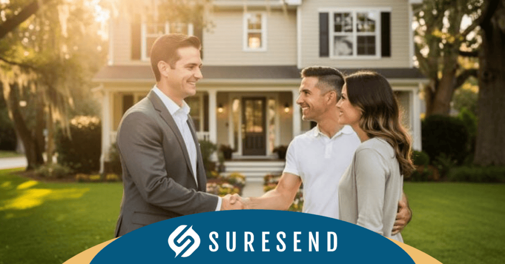 ALT tag: Real estate agent shaking hands with couple in front of house, Suresend logo, CRM resource center, TCPA compliance. Caption: Trusted real estate success with Sure Send CRM—agent and couple handshake in front of home, highlighting TCPA compliance. Description: Smiling real estate agent greets happy clients outside a house; Suresend branding emphasizes trust and CRM TCPA cold calling compliance.
