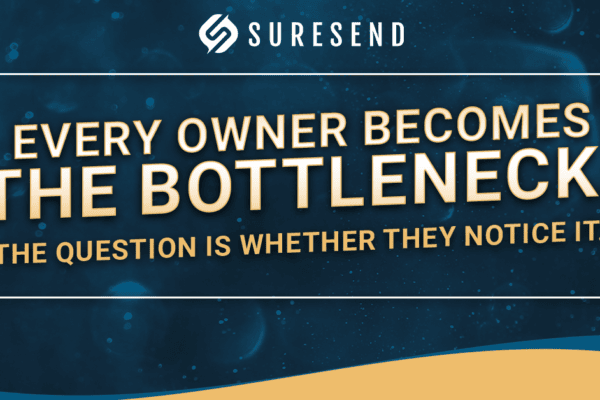 Blue SureSend CRM Resource Center graphic, quote on business owner challenges; yellow wave border, optimized for business solutions.