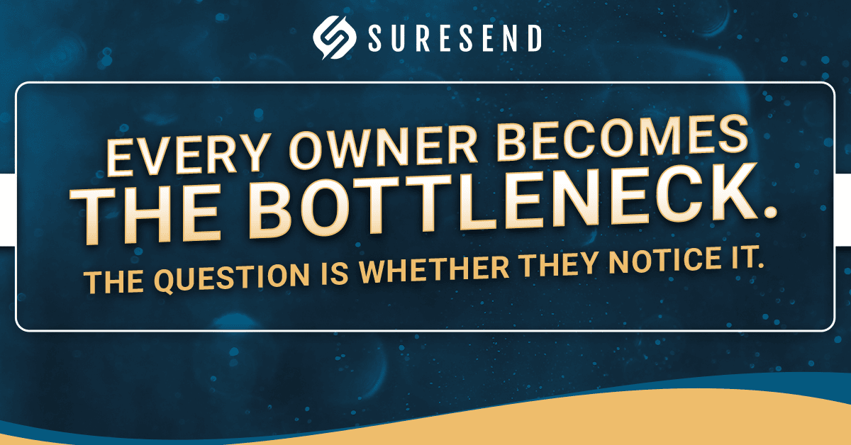 Blue SureSend CRM Resource Center graphic, quote on business owner challenges; yellow wave border, optimized for business solutions.