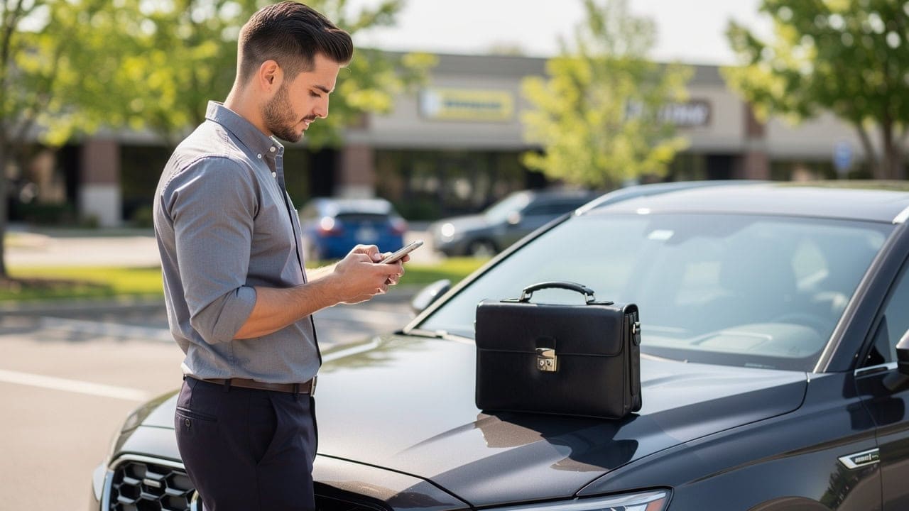 Man using smartphone near a car with a briefcase on the hood, in a parking lot.