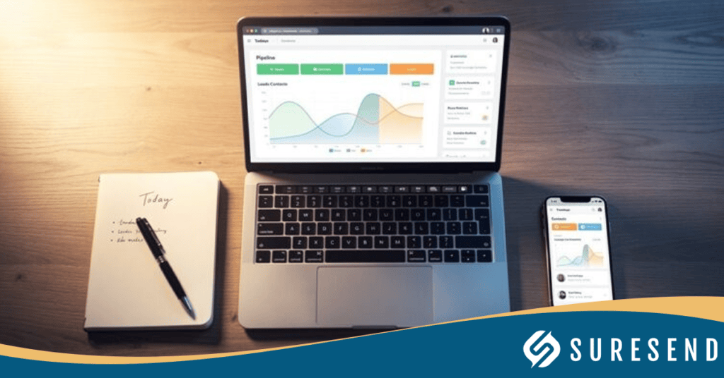 SureSend CRM dashboard on laptop and smartphone with analytics, notepad, pen—streamline sales and marketing tools. Logo at bottom.