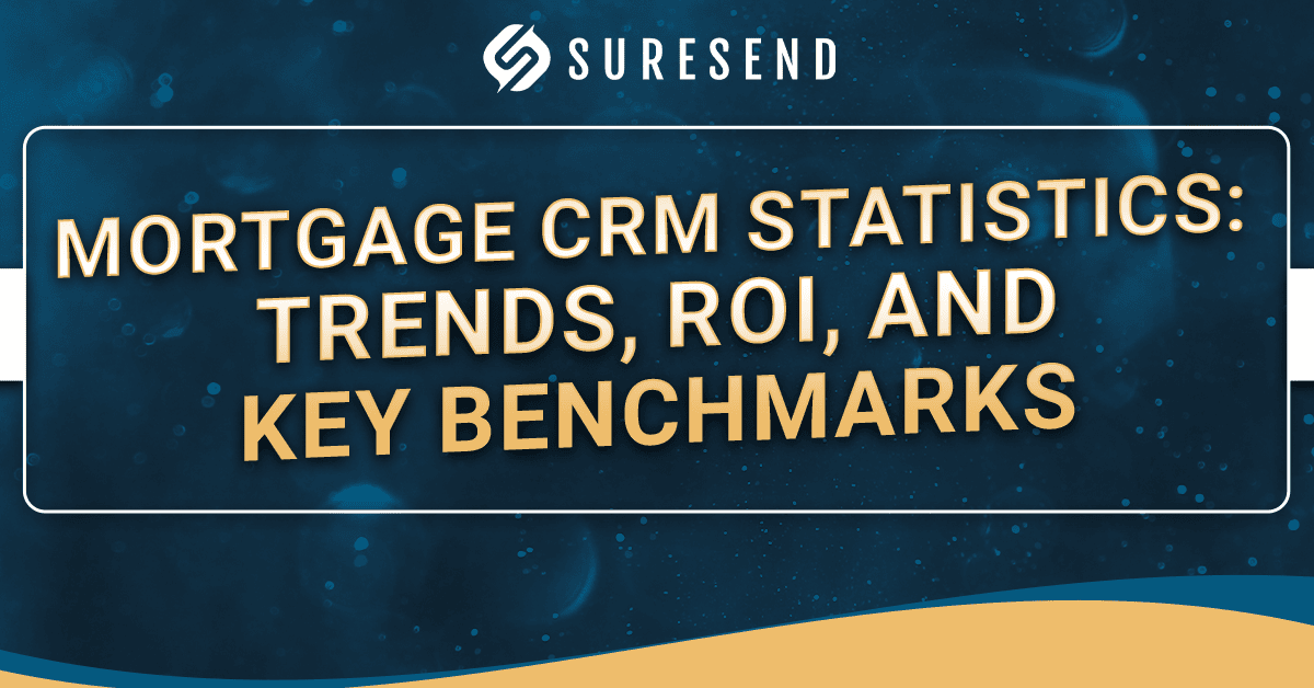 SureSend CRM Resource Center banner: Mortgage CRM statistics, trends, ROI benchmarks; blue gold design with Suresend logo.
