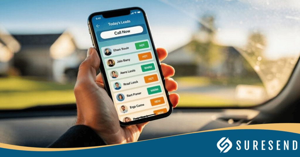 ALT: Real estate agent using SureSend CRM app in car, viewing contacts and key stats on smartphone; SureSend logo visible. Caption: SureSend CRM mobile interface showing contacts and analytics for real estate professionals on the go. Description: A person inside a car holds a smartphone featuring the SureSend CRM app, highlighting contact management tools, call options, colored tags for organization, and real estate statistics. The SureSend logo is displayed at the screen's bottom right corner, emphasizing mobile CRM access for agents.