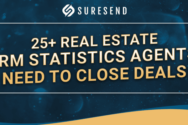 Alt: Suresend logo with "25+ Real Estate CRM Statistics Agents Need to Close Deals" in bold yellow on blue, for agents' CRM insights. Caption: Discover key real estate CRM statistics for agents—Suresend graphic showcases vital data to help close more property deals. Description: Blue Suresend Resource Center graphic highlights "25+ Real Estate CRM Statistics Agents Need to Close Deals" in bold yellow, perfect for agents seeking top real estate CRM insights and success strategies.