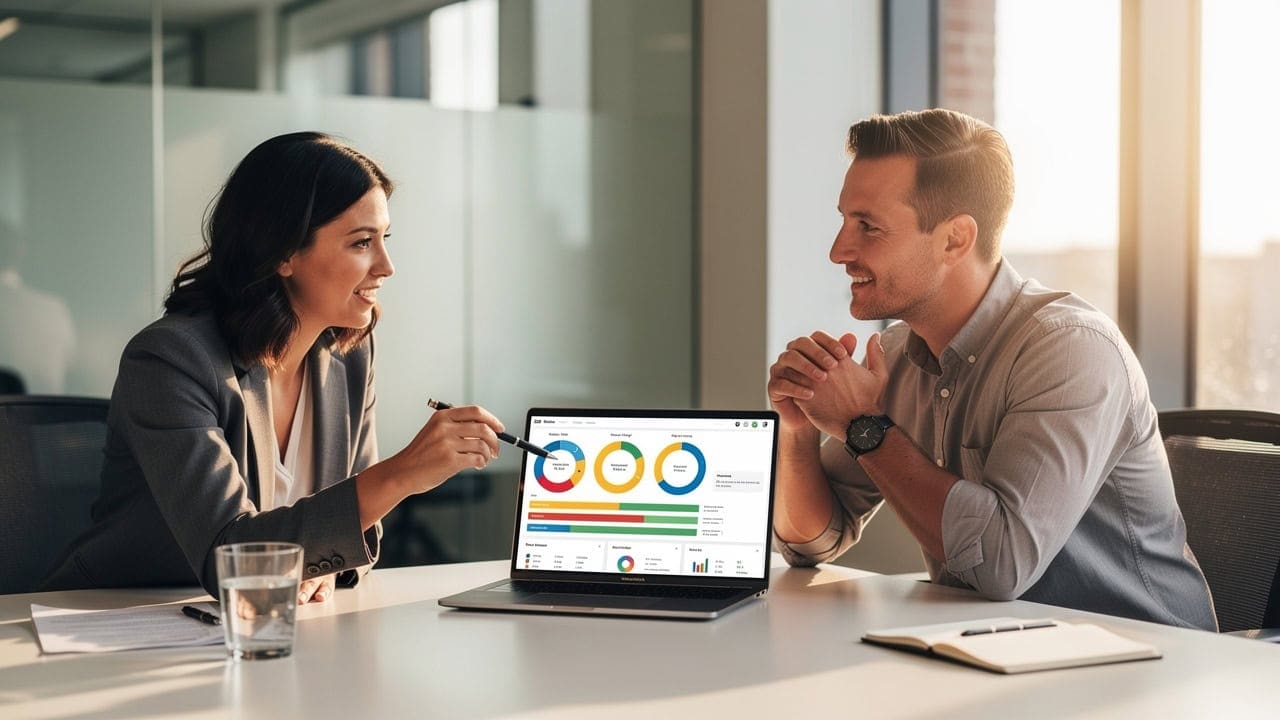 Business professionals discussing CRM tools for sales accountability in a modern office.