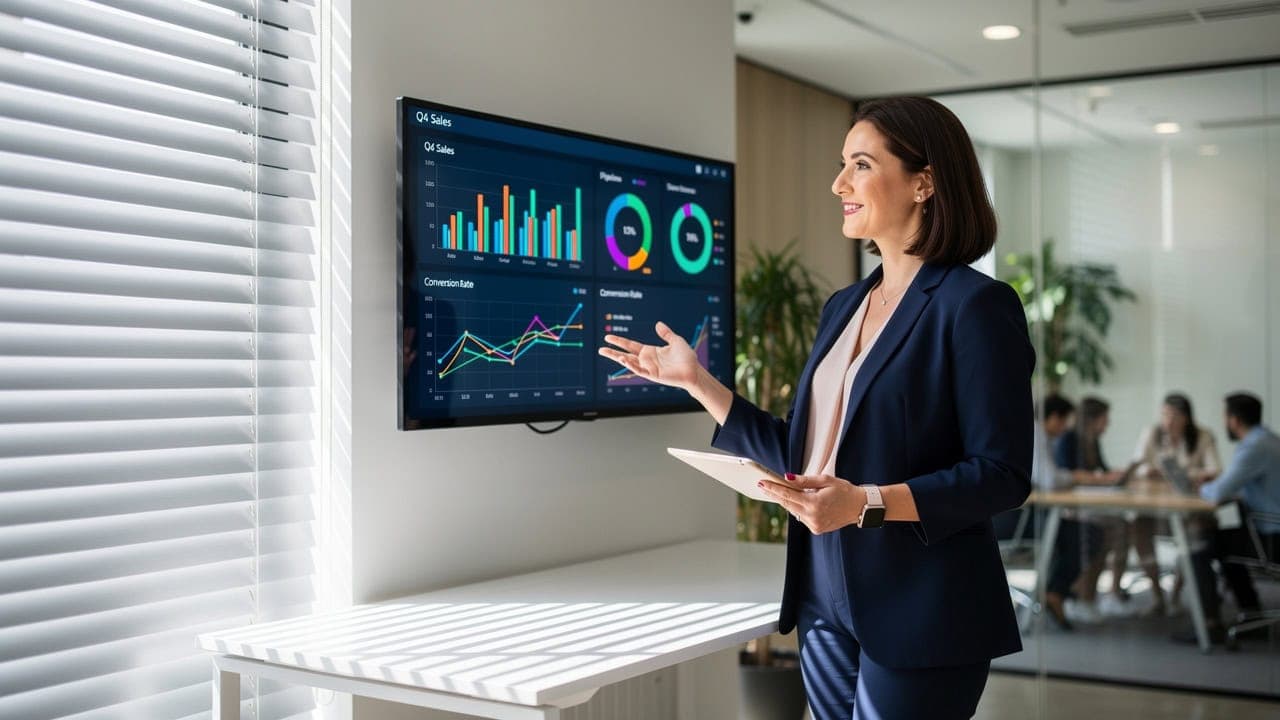 Businesswoman presenting sales data on a digital screen in a modern office.
