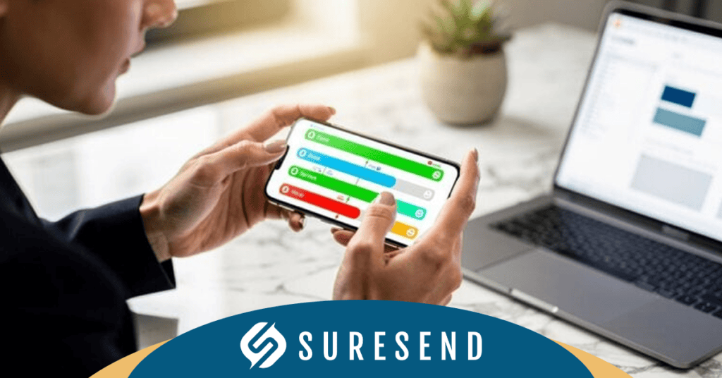 ALT tag: Real estate agent using Sure Send CRM on smartphone with progress bars, laptop, and Suresend logo; highlights TCPA compliance. Caption: Easily manage real estate cold calling and stay TCPA compliant using Sure Send CRM's intuitive mobile and desktop tools. Description: A real estate professional uses the Sure Send CRM Resource Center on a smartphone with colorful progress bars, a nearby laptop, and the Suresend logo showing commitment to TCPA cold calling compliance.