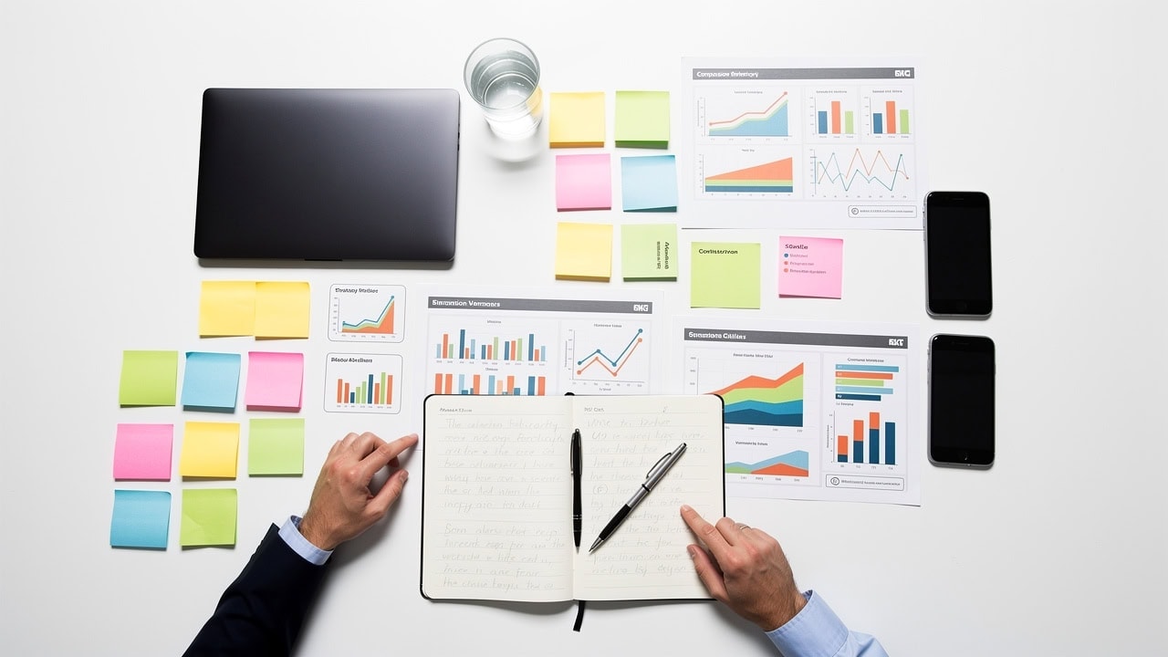 Business team comparing CRM alternatives on conference table