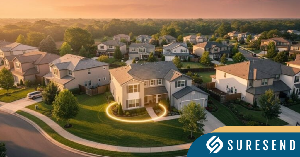 ALT: Suburban neighborhood sunset, modern homes, highlighted eos real estate house, Suresend logo—Sure Send CRM Resource Center. Caption: Explore the Sure Send CRM Resource Center—modern homes in a suburban neighborhood at sunset with featured eos real estate listing. Description: Discover top eos real estate listings in a scenic suburban neighborhood using the Sure Send CRM Resource Center; Suresend logo visible.