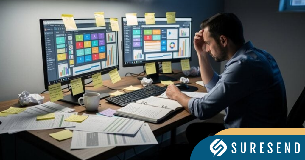 ALT: Stressed man at cluttered desk viewing Sure Send CRM Resource Center eos real estate dashboards, with Suresend logo visible. Caption: Real estate agent using Sure Send CRM Resource Center to manage eos property data, surrounded by paperwork and Suresend branding. Description: A focused professional at a busy desk monitors eos real estate data on Sure Send CRM Resource Center dashboards, optimizing workflow with Suresend.