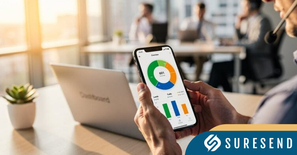 Sure Send CRM Resource Center: Office professional analyzes EOS Real Estate data on smartphone, with SURESEND logo and laptop visible.