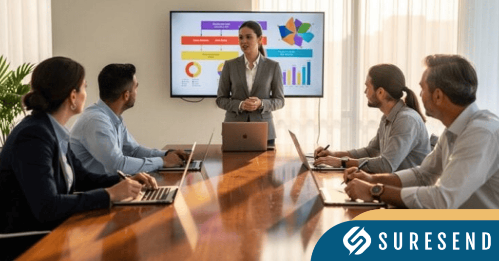 Alt: Woman presenting real estate trends charts to colleagues at Sure Send CRM Resource Center, Suresend logo bottom right Caption: Team reviews eos real estate data at Sure Send CRM Resource Center meeting, Suresend branding visible Description: A professional woman presents eos real estate trend charts to four coworkers in a modern conference room with laptops, highlighting collaborative work and Sure Send CRM’s features. The Suresend logo is displayed in the image’s bottom right corner for brand recognition.