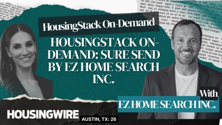 Sure Send CRM Resource Center graphic with two smiling people, HousingStack On-Demand demo, HousingWire logo, Austin TX 26.