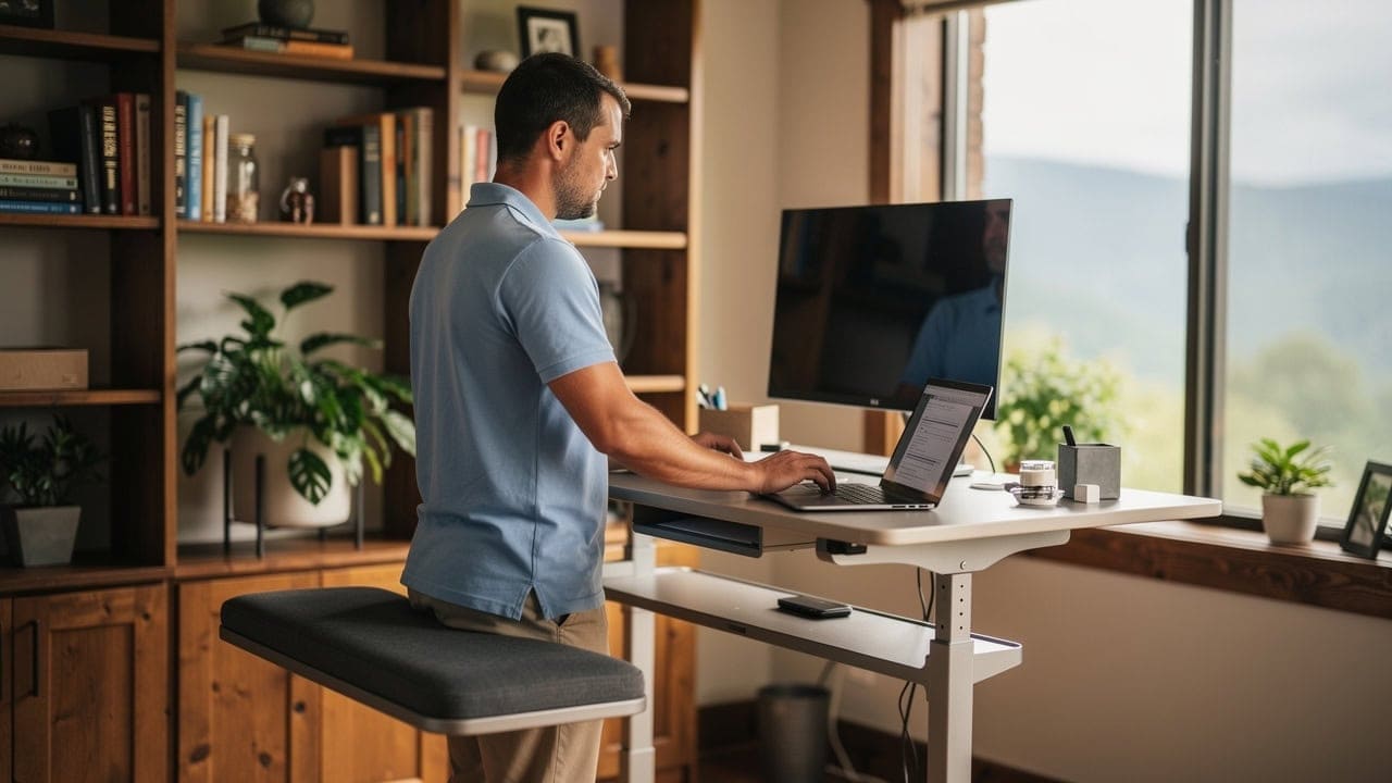 Business professional in blue polo at standing desk home office