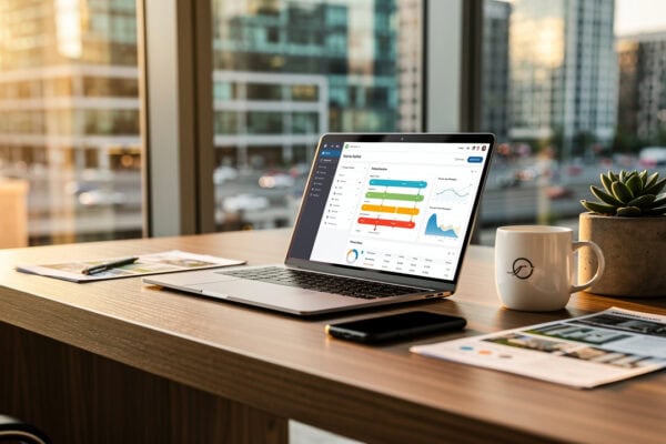 Sure Send CRM Resource Center dashboard on laptop, city view, office desk with smartphone, notepad, coffee mug, and documents.