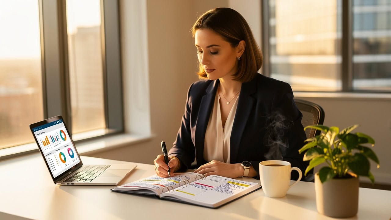 ALT: Businesswoman works at desk with CRM dashboard graphs on laptop in modern office, planning tasks. Caption: Professional using Sure Send CRM Resource Center at office with city view. Description: Woman in business attire organizes schedule and analyzes data on Sure Send CRM, surrounded by a coffee mug and plant, with large windows overlooking city buildings.