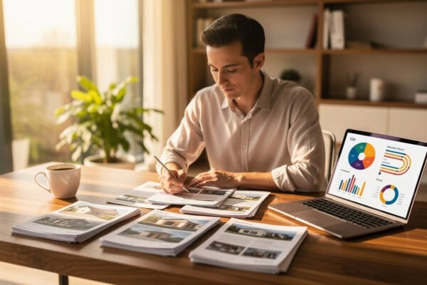 Sure Send CRM Resource Center: Man working at desk with documents and laptop showing charts, taking notes in bright modern office.