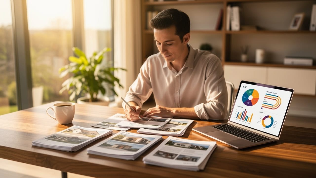 Sure Send CRM Resource Center: Man working at desk with documents and laptop showing charts, taking notes in bright modern office.