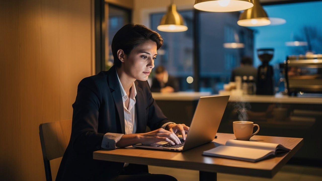 Real estate agent starting disciplined morning work routine at café