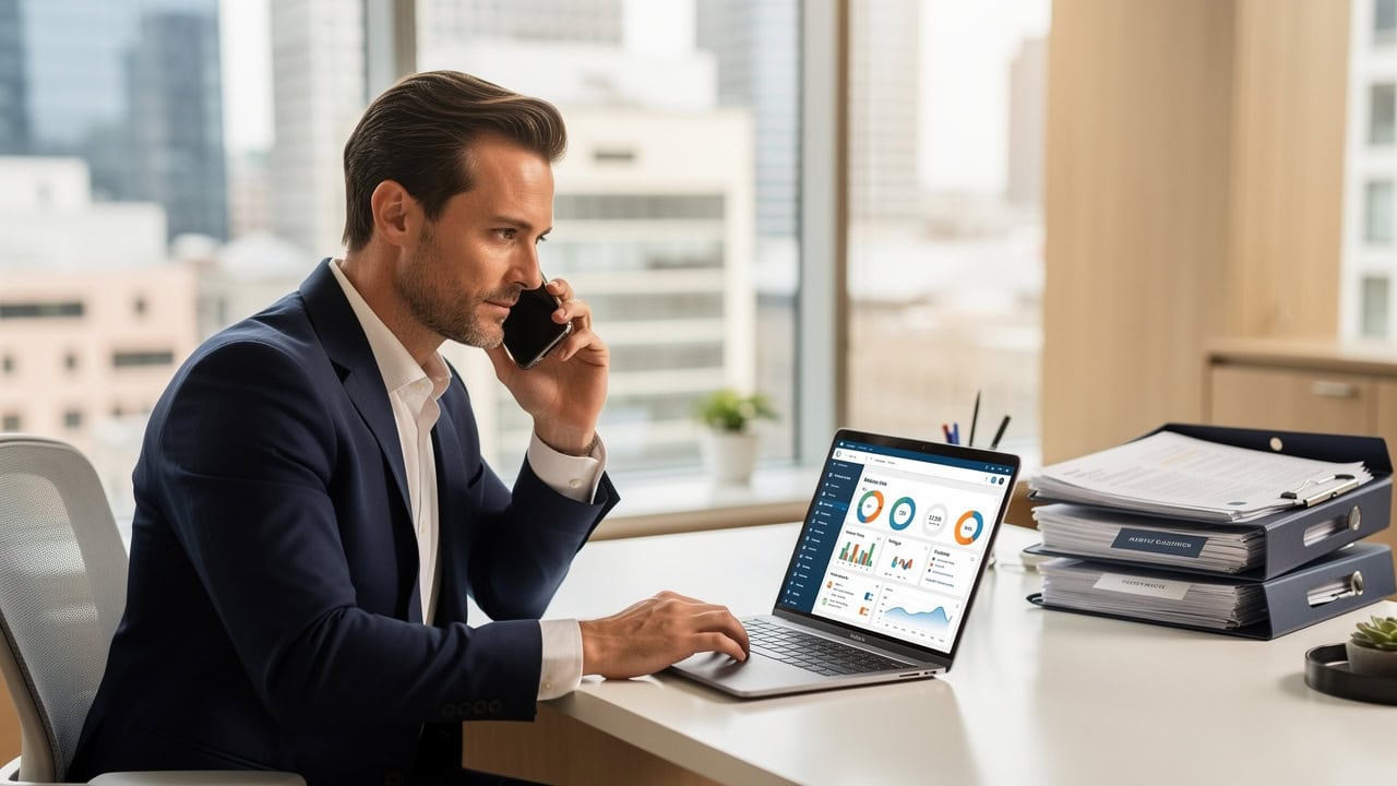 ALT tag: Business professional using Sure Send CRM dashboard on laptop in modern office with city view Caption: Boost productivity with Sure Send CRM—an executive analyzes data and communicates efficiently in a city-view office Description: A businessman uses the Sure Send CRM Resource Center, working on a laptop displaying analytics while calling clients, set against an urban skyline.