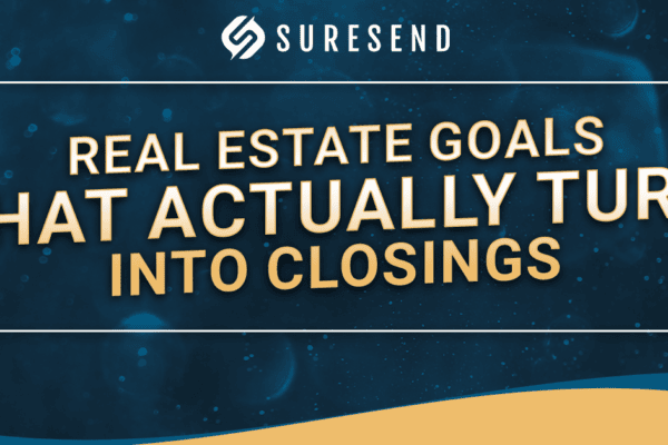 Blue and gold SureSend CRM graphic with Suresend logo and bold text: Real estate goals that turn into closings; CRM Resource Center.