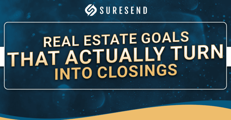 Blue and gold SureSend CRM graphic with Suresend logo and bold text: Real estate goals that turn into closings; CRM Resource Center.