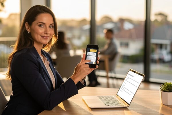 Sure Send CRM Resource Center: Professional woman at laptop shows chat on smartphone, highlighting business communication solutions.