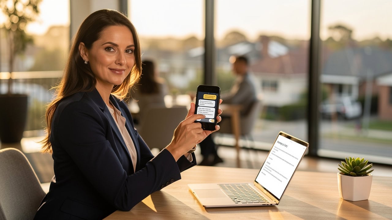 Sure Send CRM Resource Center: Professional woman at laptop shows chat on smartphone, highlighting business communication solutions.