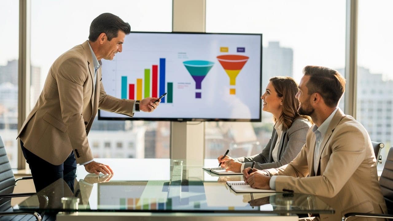 Real estate team reviewing CRM performance data together in office