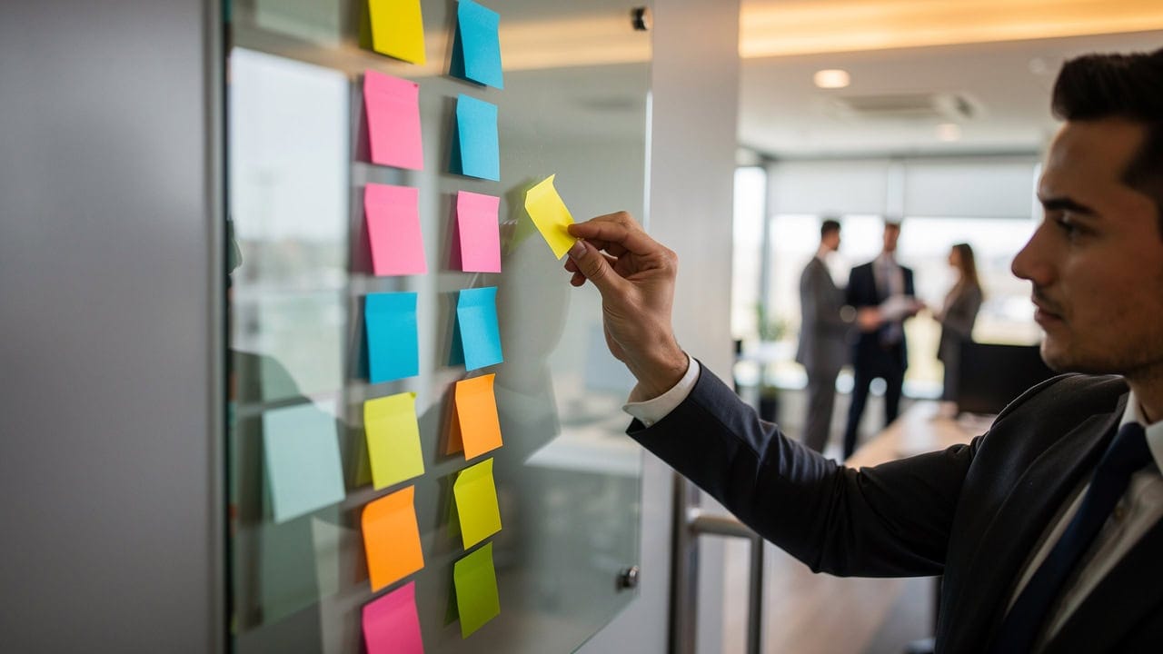 Real estate pipeline planning with colorful sticky notes on whiteboard