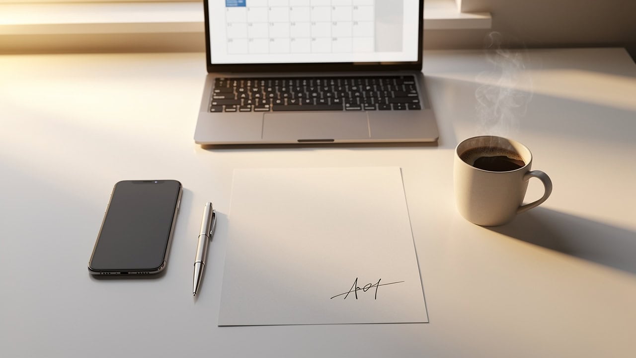 Signed consent agreement on desk with phone and laptop nearby