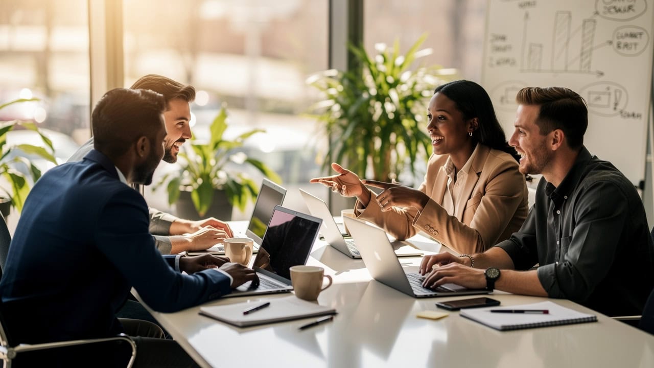 SMB sales team comparing CRM platforms in bright office