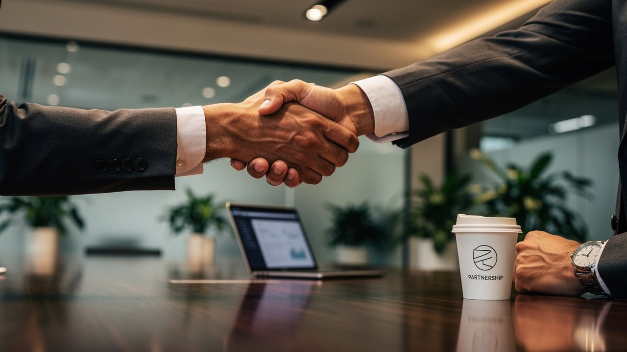 Business professionals sealing CRM investment decision with handshake