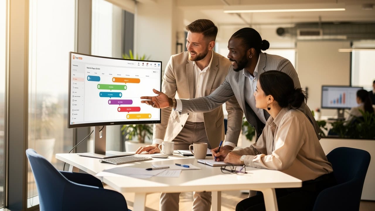 Sure Send CRM Resource Center team reviews project timeline on monitor in modern office with charts and large windows, business meeting.