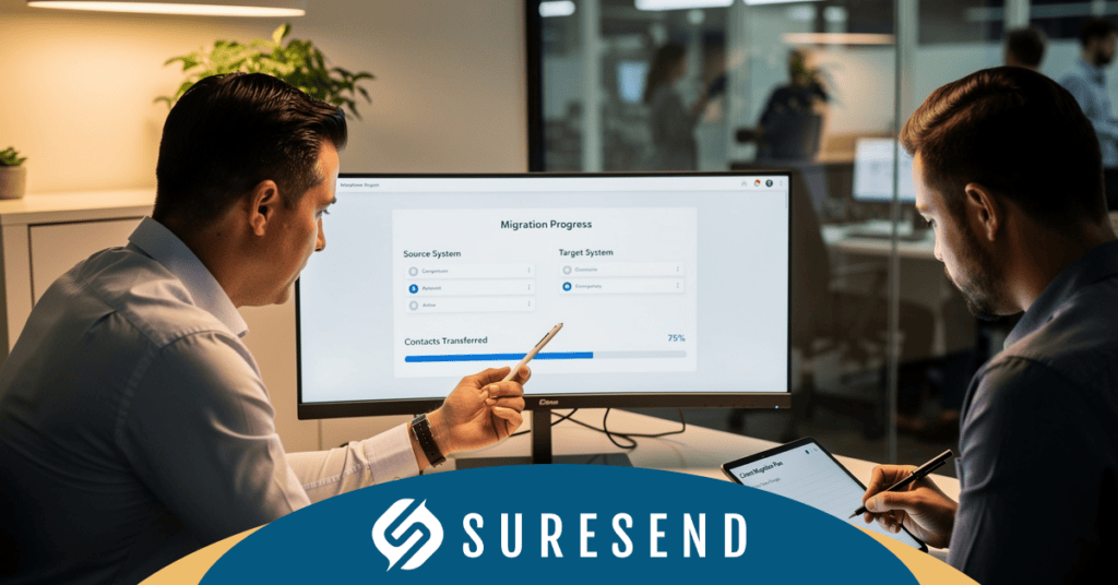 ALT: Two professionals discuss data migration on a monitor in a modern office, Suresend CRM logo visible as HubSpot CRM alternative. Caption: Experts review data migration progress using Suresend, a powerful HubSpot CRM alternative for modern businesses. Description: Business team analyzes CRM data migration progress on screen in the Sure Send CRM Resource Center; Suresend logo promotes this leading HubSpot alternative.