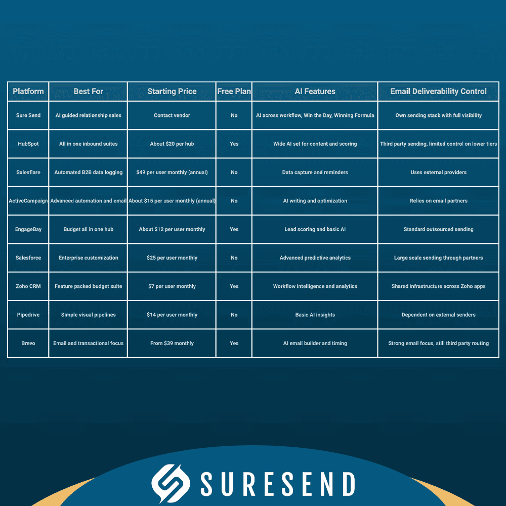 ALT: Comparison table of 8 email marketing platforms with HubSpot CRM alternative, pricing, features; SureSend logo at bottom. Caption: Email marketing platform comparison—best use, pricing, features, deliverability. SureSend CRM alternative highlighted. Description: Image shows a detailed table comparing eight email marketing tools including a HubSpot CRM alternative. Features such as best use case, starting price points, free plan availability, specific key features and deliverability control are clearly listed for each platform. The SureSend logo is prominently placed at the bottom to showcase branding for the Resource Center page on learn.suresend.ai.