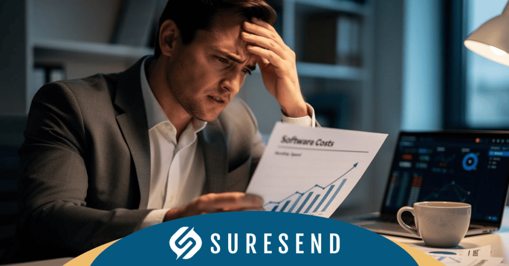 ALT: Businessman analyzing software costs and rising expenses, comparing HubSpot CRM alternatives at SureSend Resource Center. Caption: Worried professional reviews software costs and considers better CRM options at SureSend. Description: Image of a concerned businessman in a suit reviewing a "Software Costs" document with an upward graph, laptop displaying charts, coffee cup on the desk, and pondering a HubSpot CRM alternative; "SURESEND" is visible at the bottom.