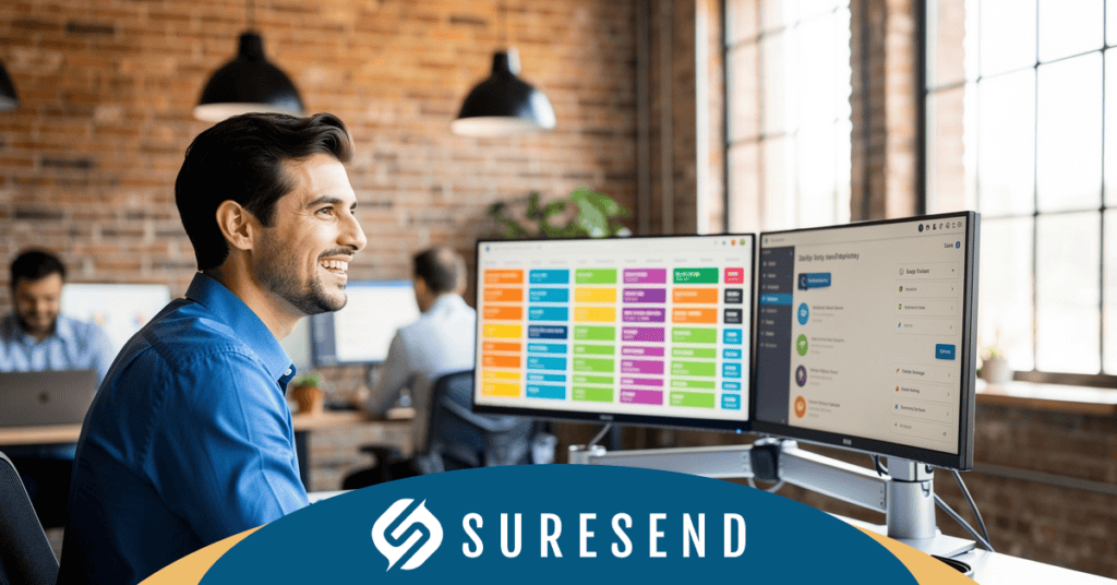 Smiling man at desk with dual monitors shows Suresend CRM, a top HubSpot alternative. Suresend logo visible in modern office.