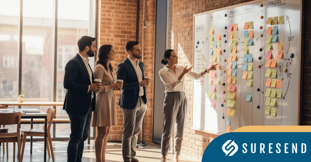 Sure Send CRM Resource Center team reviews mortgage CRM strategy at whiteboard with Suresend logo, brainstorming client approaches.