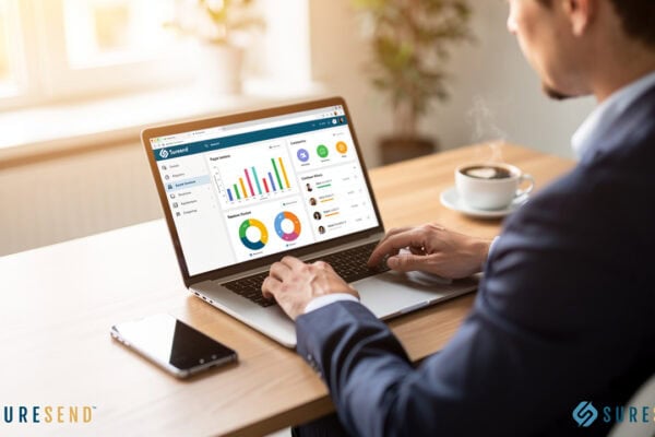 ALT tag: Business professional using SureSend CRM Resource Center on a laptop with analytics graphs in office, SureSend logo visible. Caption: Maximize productivity with the SureSend CRM Resource Center—analyzing data and reports on your office laptop. Description: An office scene featuring a professional in a suit working on the SureSend CRM Resource Center platform, reviewing colorful analytics graphs and charts on a laptop. A cup of coffee sits nearby, emphasizing work productivity, while the SureSend logo is prominently displayed in the image corners for brand recognition.